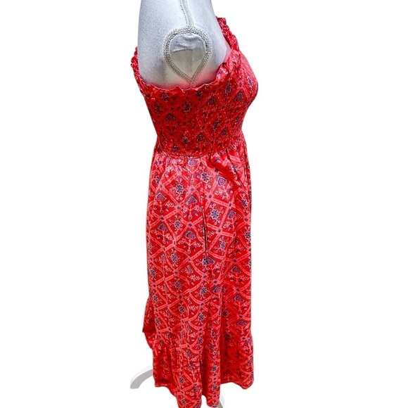 Naudic coral strapless smocked midi Dress floral front pockets metallic size xs - Picture 4 of 10